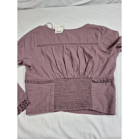 Free People Blouse Size S Eyelet Lace Crop Top Purple Mauve Roan Rouge (13) - Picture 13 of 13